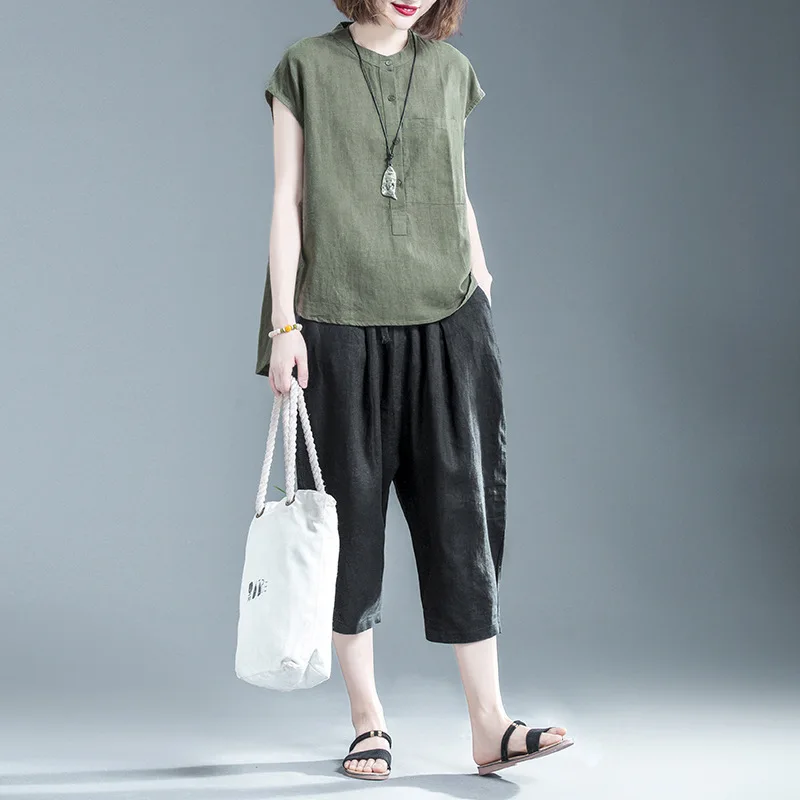 

New Style Large Size Simple Tops Elastic Waist Lace-up Casual Pants Capris Women's Loose-Fit Baggy Pants Cotton Linen Two-Piece