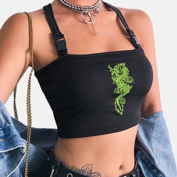 

Chinese Style Street Clothing Women's Sling Dragon Embroidery Buckle Crisscross Holiday Blouse Summer Fashion Comfortable Short