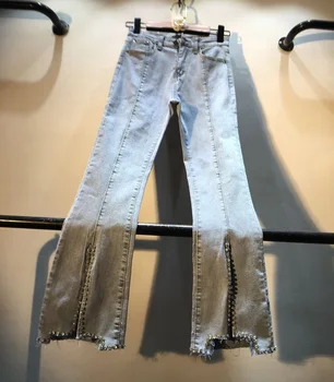 

Flare Jeans Woman 2020 Spring Summer Clothing European Streetwear Beads Diamond Set Slit Boot-Cut High Waist Denim Jeans Pants