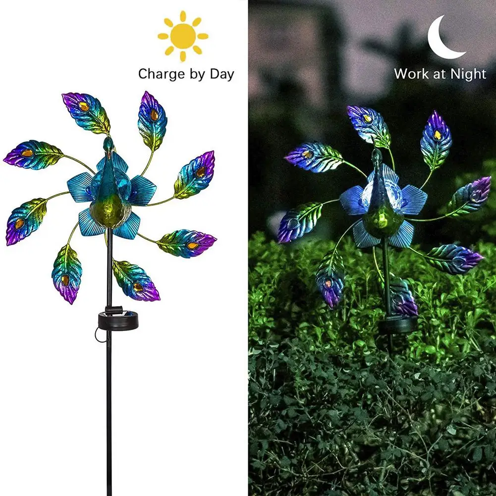 Molinillo De Viento Solar Pavo Real 360° Con Luces LED - Decoración Jardín Metal Azul 60.6 Pulgadas