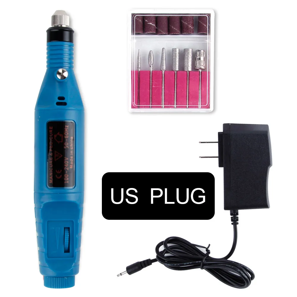 1 комплект профессиональная электрическая машинка для маникюра ручка педикюр пилка для ногтей 6 бит Керамический Резак дрель для ногтей инструменты для удаления лака - Цвет: blue us plug