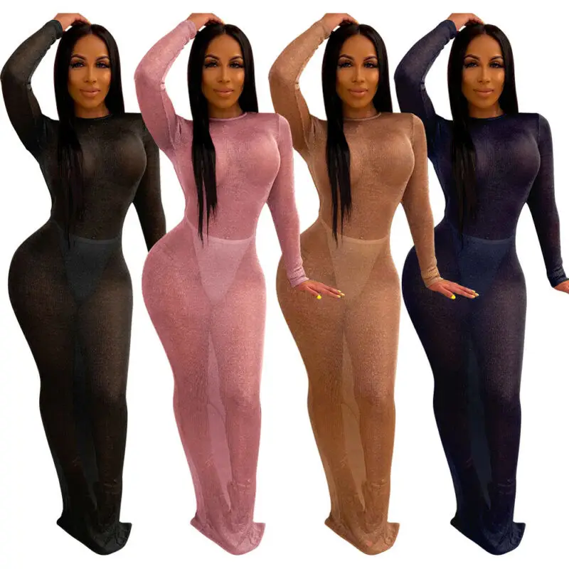 

Women Long Dress Mesh See Through Maxi Dress Slim Bodycon Clubwear Party Evening Bikini Cover Up Beachwear