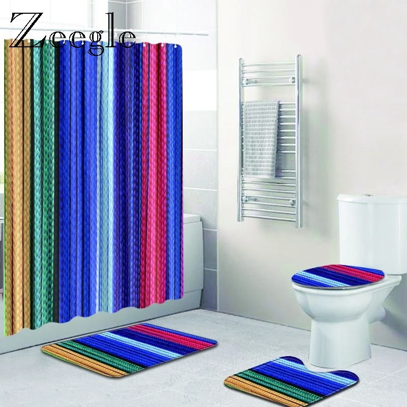 Zeegle Strip Bath Mat with Curtain Set Bathroom Water Absorption Foot Rug Pedestal Rug Lid Toilet Cover Mat Bathroom Accessories