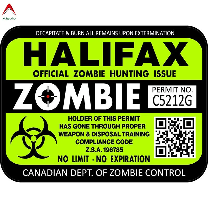 

Aliauto Fashion Car Sticker Canada Halifax Zombie Hunting License Permit Retro-reflective Decal for Suzuki Peugeot VW,15cm*11cm