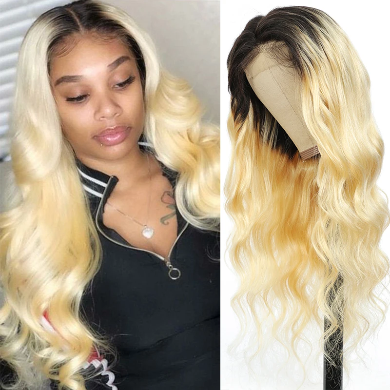13x4 Ombre Blonde Body Wave Lace Front Wig SOKU Brazilian Remy Pre Plucked Lace Hair Wig For Women 150% Density Blonde Wig