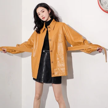 

2020 Vintage Yellow Pu Leather Jacket Coat women Single Breasted Long leather Coat Bright Autumn Winter Jacket Windbreaker PY117