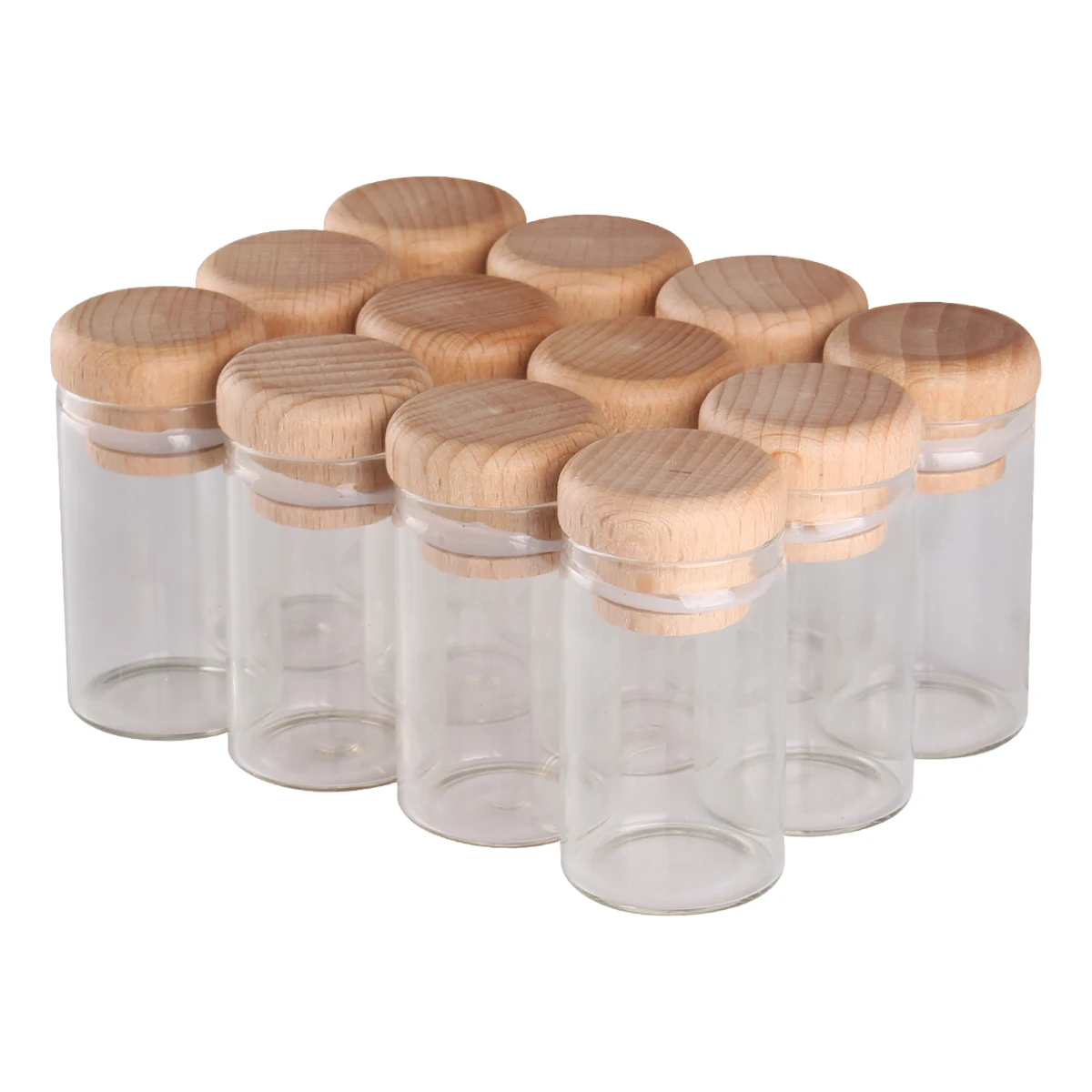 

12pcs 20ml 30*50mm Transparent Glass Bottles Jars Vials with Wooden Lids Spice Bottles for Art DIY Crafts Wedding Favors