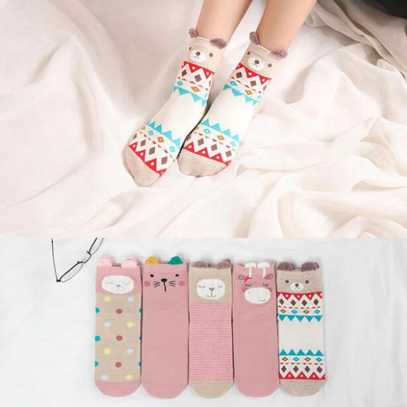Новинка, пять пар новых женских хлопковых милых носков с рисунками из мультфильмов, Брендовые женские носки модные носки