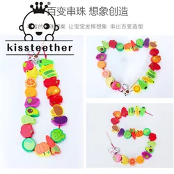 Kissteether Wooden Toys Baby DIY Toy Cartoon Fruit Animal Stringing Threading Wooden Beads Toy Monterssori Educational for Kids