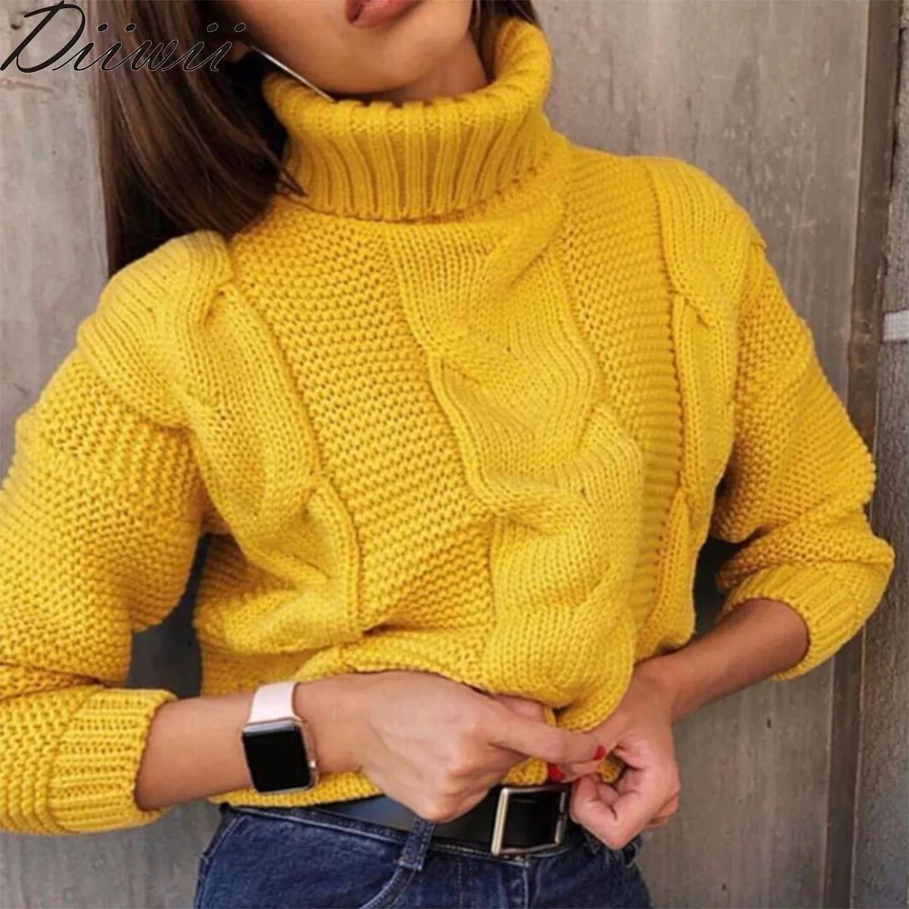 

Diiwii Fashion Long Sleeve Pull Autumn Winter Short Sweater Women Knitted Turtleneck Pullovers Casual Soft Jumper