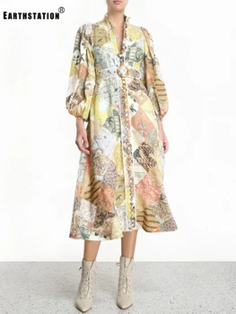 

Free shipping stand-up collar single-breasted buttons retro printing bandage waist loose long dress ladies autumn new style