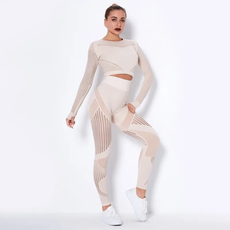 

Women's Yoga Workout Outfit 2 Piece Set Seamless Leggings Athletic High Waist Long Sleeve Tops Gym Tracksuit Gym Clothes Set