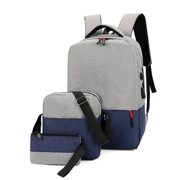 

Fashion Men Backpack Patchwork Large USB Charging Multifunctional Gray Black Oxford Bagpack Pencil bag Shoulder Bag Backpack Set