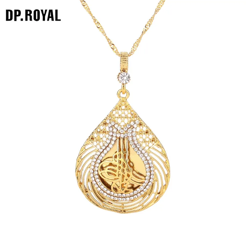 

New Arab Lady Golden Muslim Islamic God Ala Charm Necklace Pendant Crystal Jewelry Ramadan Gift