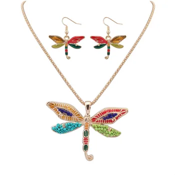

DSHOU75 women Fashion rice beads double wings dragonfly necklace earrings set