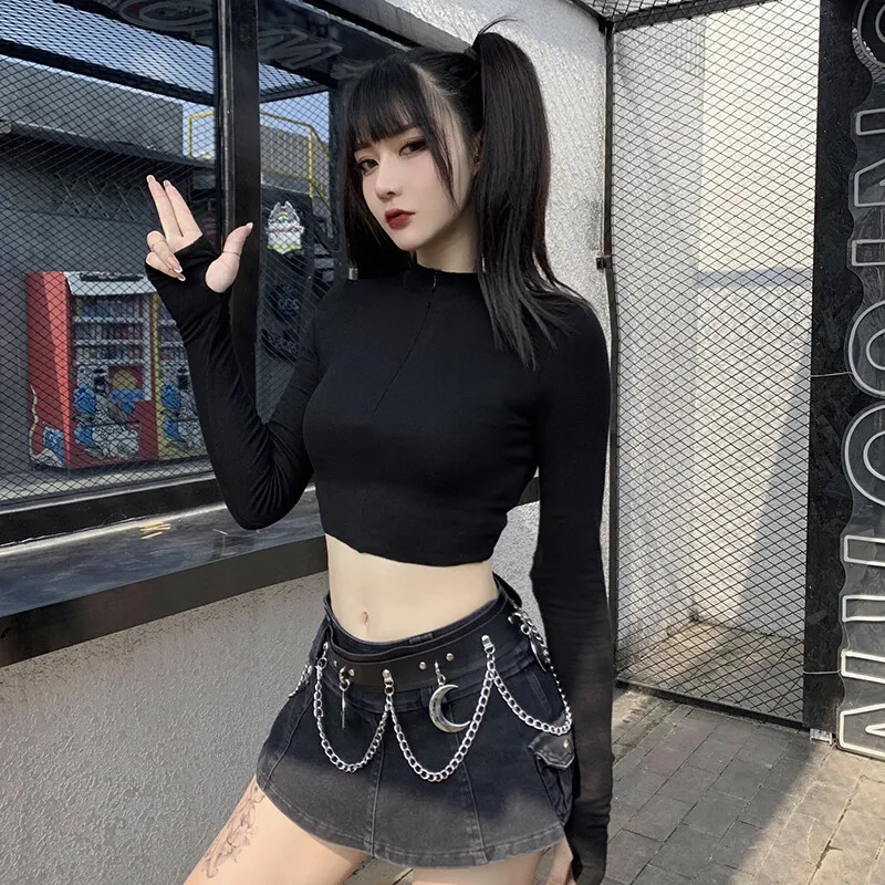 Goth Style Women's Black Top Long-sleeved V-neck Zipper Slim Short T-shirt Sexy Female Bottoming Shirt Harajuku Street Wear
