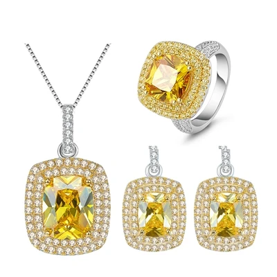 PANSYSEN New Luxury Natural Citrine Gemstone Jewelry Sets 925 sterling silver Necklace Earrings Ring set For Women Party Gifts - Цвет камня: jewelry set