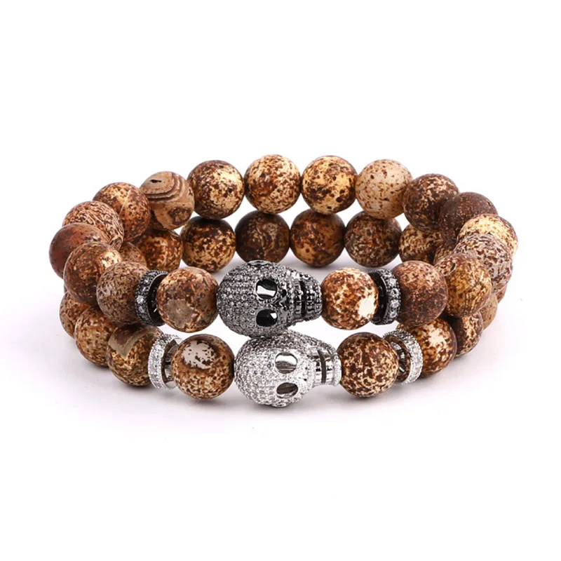 New Men Bracelet Big CZ Skull Charm Natural Stone Beads Stretch Bracelet Men Large Bracelet - Image 5