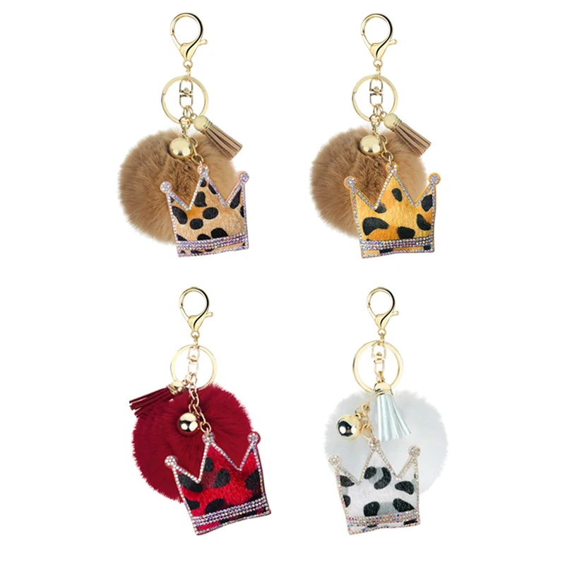 

Creative gift Korean cashmere leopard pattern rhinestone crown hair ball key ring pendant bell accessories bag ornaments