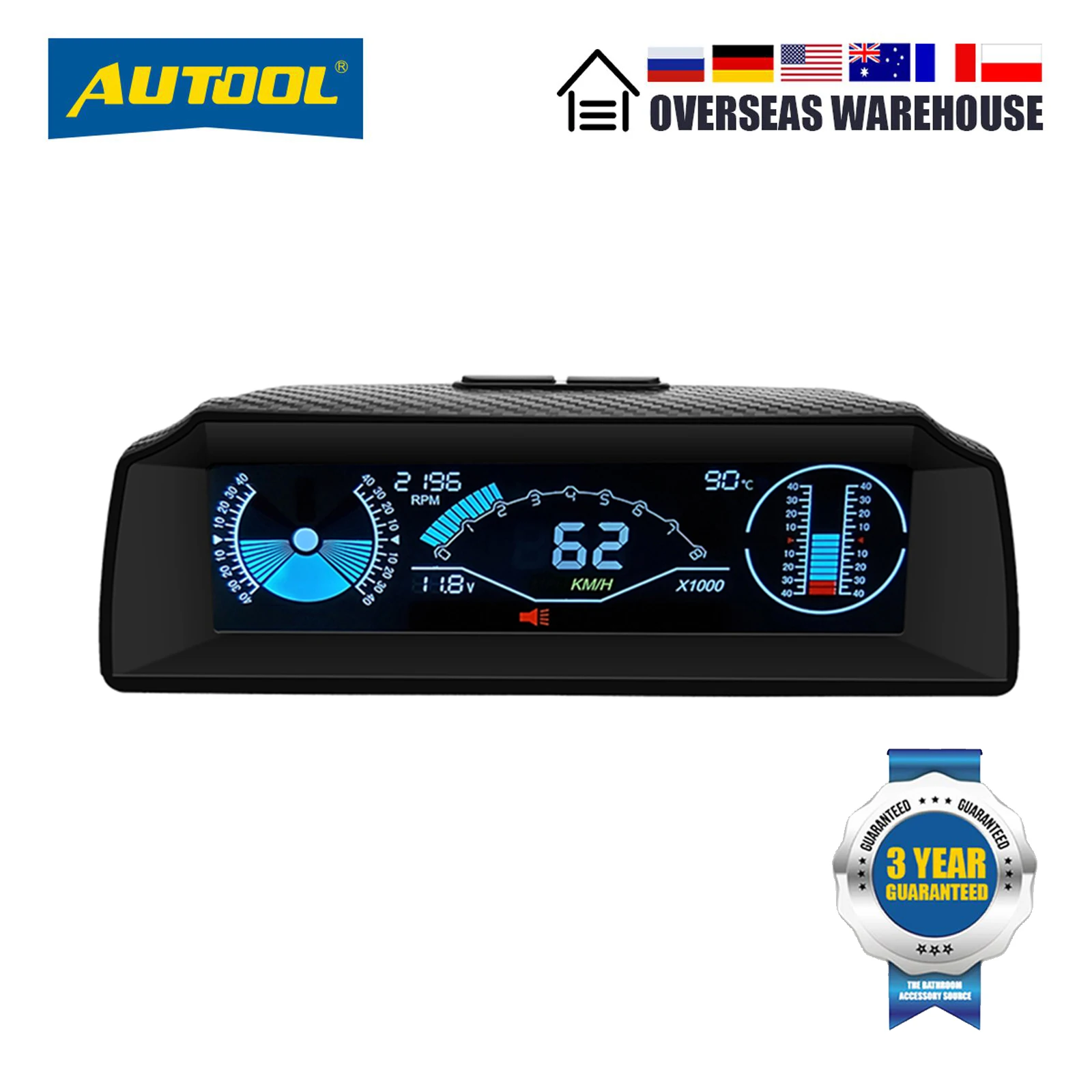 

AUTOOL X90 Car HUD Head Up Display OBD II Gauge Electronics OBD2 Speedometer with Tilt Pitch Angle Protractor Latitude Longitude