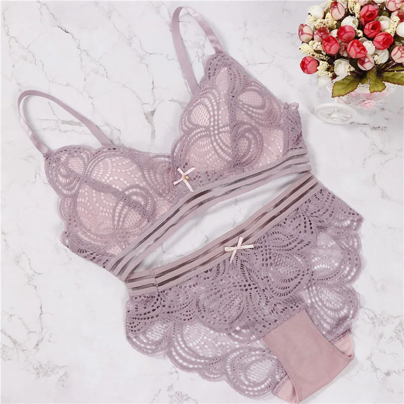 

Sanderala Sexy Women Fashion Wireless Bow Push Up Three Quarters Lingerie Soft Lace Comfortable Underwear Bra & Panties Sets