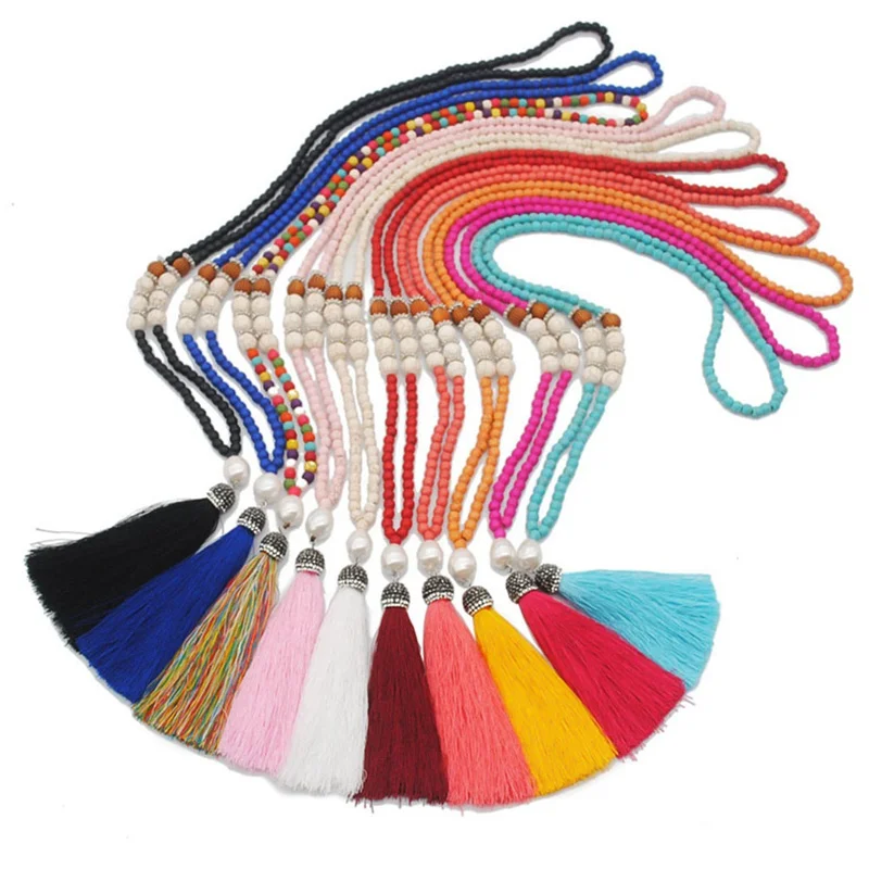 

Ethnic Boho Imitation Pearl Silk Tassels Necklace Wood Bead Stone Statement 80cm Long Pendant Necklace For Women Jewelry Gifts