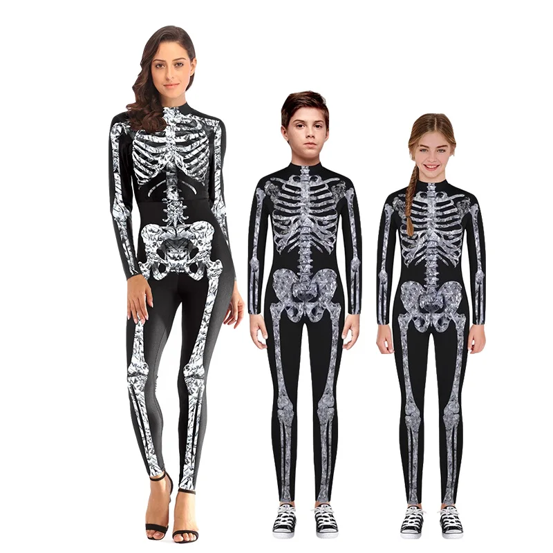 

Funny Halloween Party Costume Family Matching Outfit 3D Skeleton Print Tight Playsuit Bodysuit Mother And Kids Cosplay Clothes