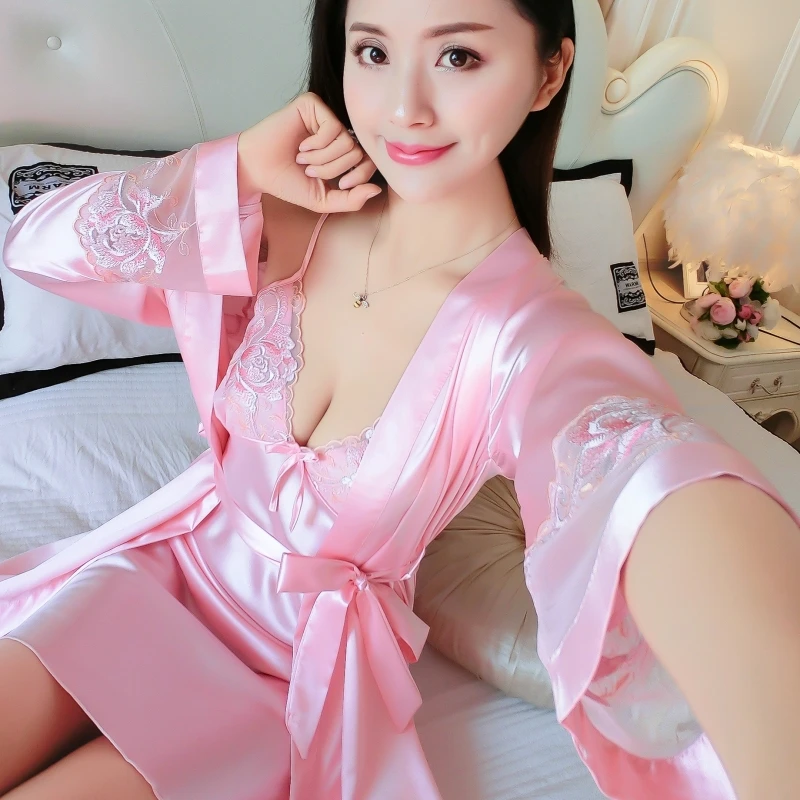 silk robe gown set two pieces sleepwear women vintage night suites nightdress and robe peignoir set luscious bathrob - Цвет: color10