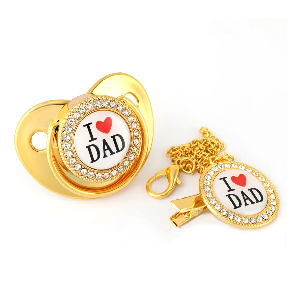 Luxury Golden I Love Mum Bling Pacifier with Chain Clip Newborn Baby Boy Girl Dummy Nipples Food Grade Silicone Pacifier Soother