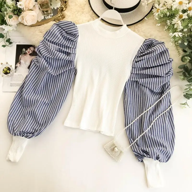 SINGRAIN Женская винтажная блузка рубашка мужская готическом стиле модная Осенняя блузка полоску рубашки - Цвет: white-striped