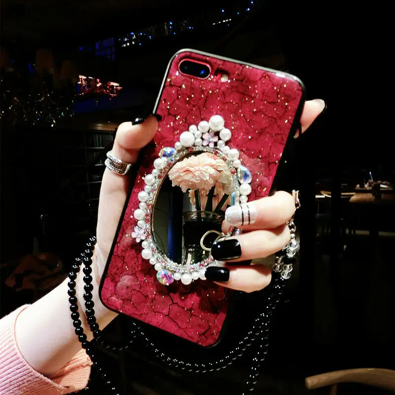 

Marble Bling Diamond Gem Makeup mirror Case For Samsung A750 A70 A50 40 60 A20E A9 M10 20 Lanyard Shockproof Cover Phones