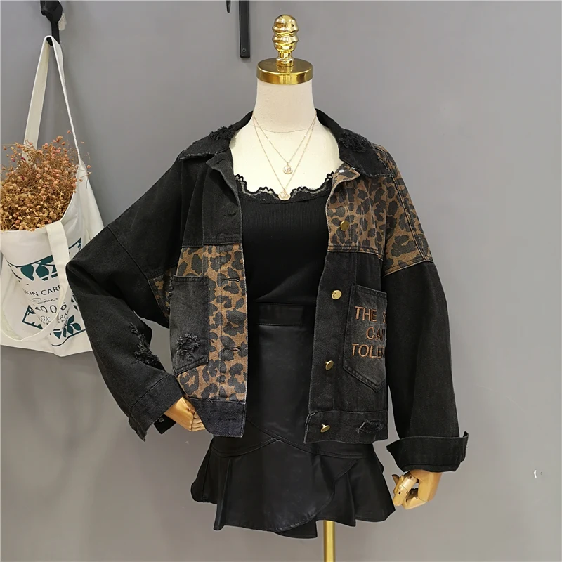 Vintage New Chic Embroidery Women Denim Jacket Autumn Harajuku Leopard Jean Jackets Coat Loose Fashion Streetwear OS177