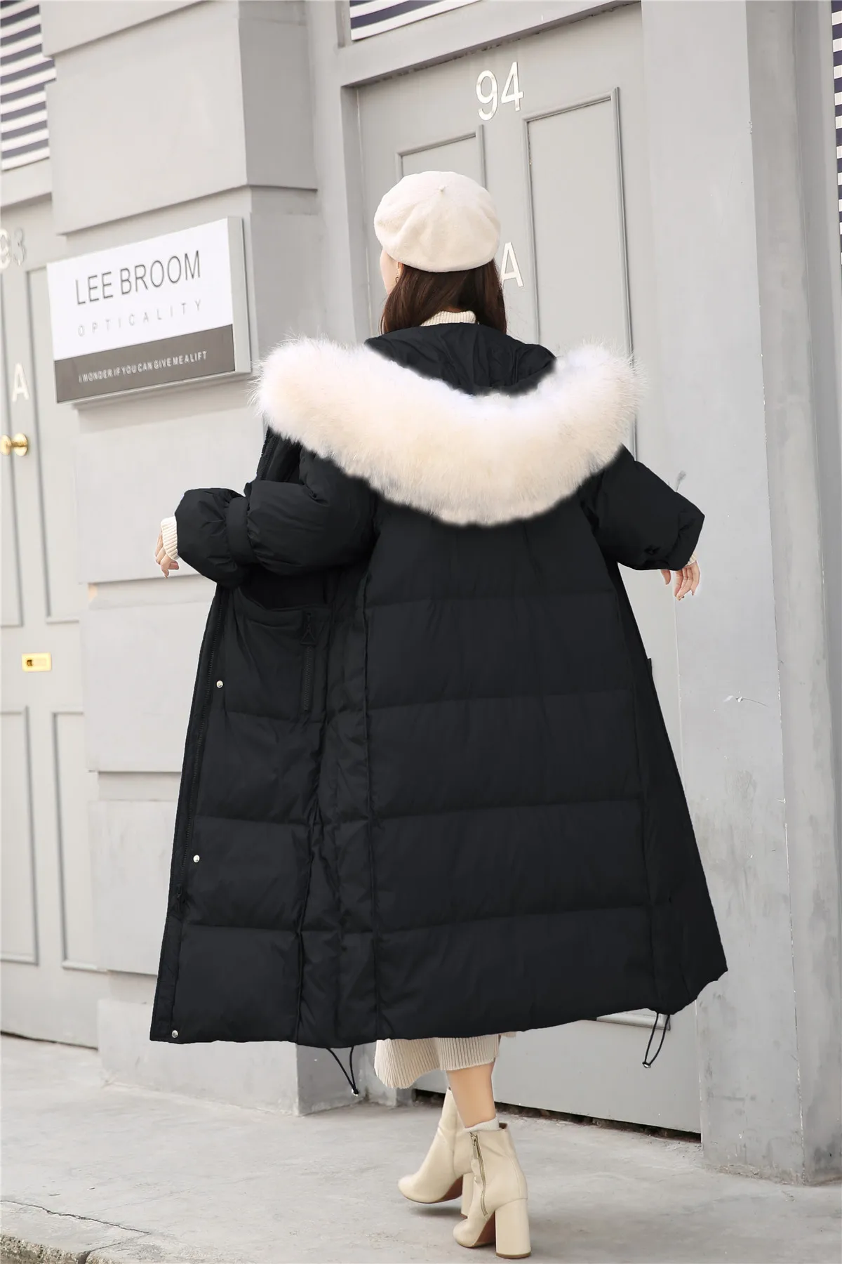 Down Jacket Women's Mid-length New Style Korean-style over-the-Knee Large Fur Collar White Slim Fit Hooded Coat Fashion