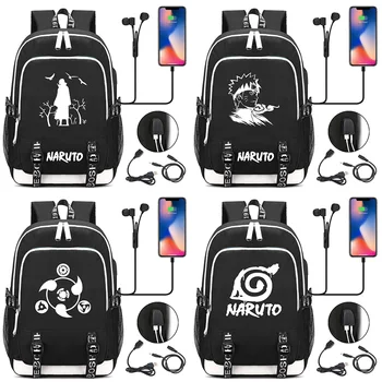 

New Kawaii Uzumaki Naruto Printed USB Headphone Jack Boy Girl Kids School bag Women Bagpack Canvas Men Backpack Packsack Bookbag