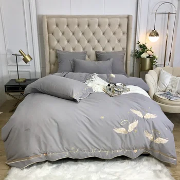 

Luxury Brushed Cotton Premium Bedding set Chic Embroidery Grey White Duvet Cover set Bed sheet Pillowcase Queen King size 4Pcs