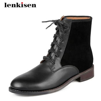 

Lenkisen short boots natural leather large size patchwork handmade round toe thick low heel lace up leisure soft ankle boots L65
