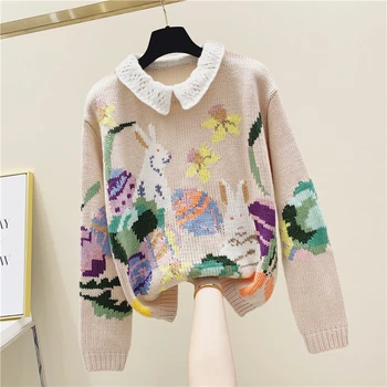 

New Spring Sweater Winter Vintage Handmade Crochet Cute Doll Collar Pullover Sweater Vintage Pink Rabbit Sweater Ladies Jumper