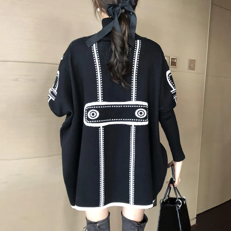 Black Pattern Oversized Turtleneck Pullover Sweater Women Autumn Winter 2025 Korean Fashion Batwing Sleeve Loose Knitted Sweater