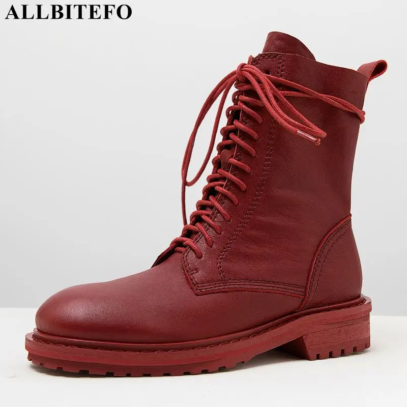 

ALLBITEFO high quality genuine leather brand high heels ankle boots for women thick heel martin boots winter snow women boots
