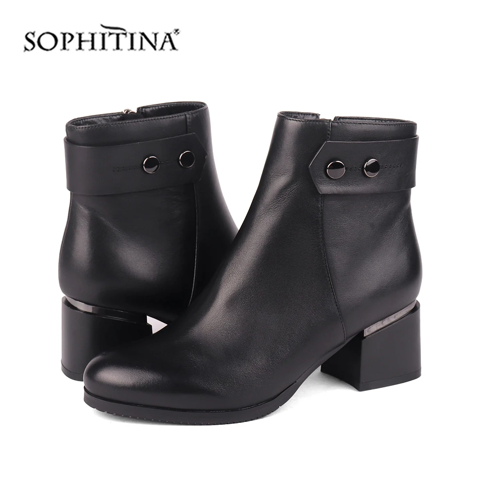 SOPHITINA/модные дизайнерские ботинки из высококачественной коровьей кожи; Удобные однотонные ботинки с круглым носком на квадратном каблуке; ботильоны ручной работы; PC457