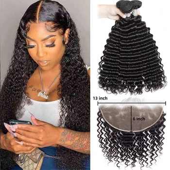 Deep Wave Bundles With 13x6 Lace Frontal Transparent Lace Frontal And Bundles Deep Curly Human Hair Bundles With Closure Frontal