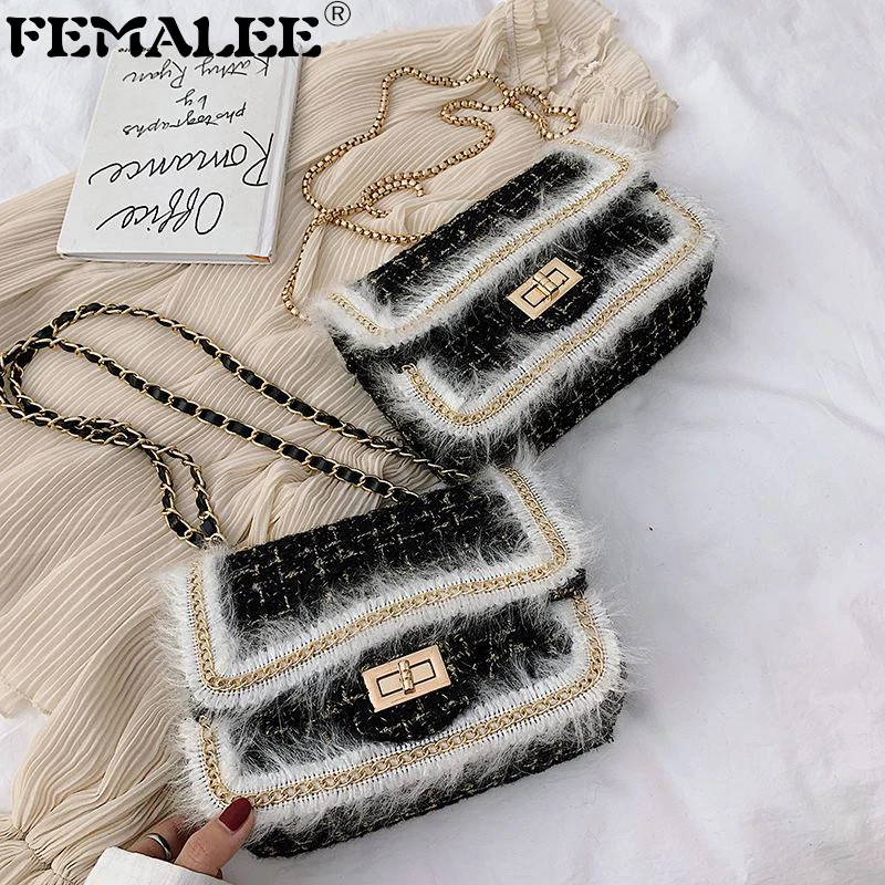 

Tweed Chains Handbag Women Wool Fur Border Winter Shoulder Bag Ladies Fashion 2019 New Messenger Bags Designer Crossbody Bags