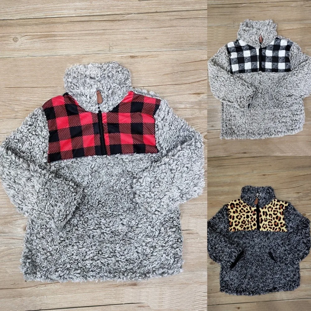 Leopard Cheetach Buffalo Plaid Sherpa Jackets TTS Autumn Winter Fashion Boys and Girls Fleece Velvet Coat Pullover Baby Clothes | Детская