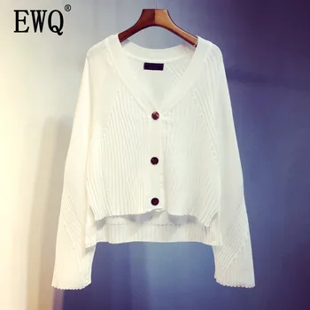 

[EWQ] 2020 Spring Autumn New Solid Loose Full Sleeve V-neck Wild Slim Thin Office Lady Women's Cardigan Knitted Sweater TX597