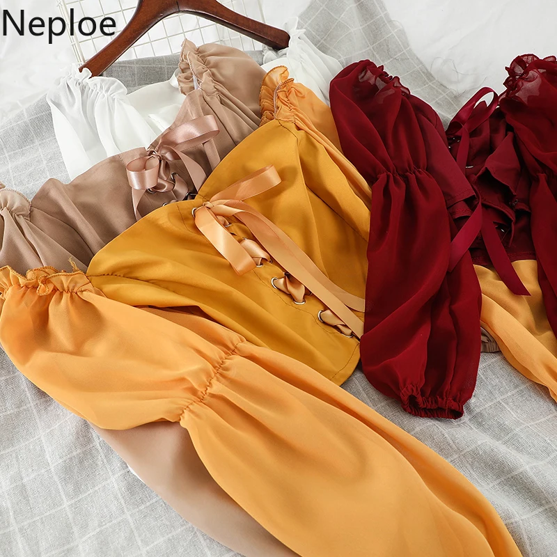 

Neploe Mesh Patchwork Women Blouse Spring 2020 Solid Lace Up Square Collar Blusa Fashion Long Puff Sleeve Female Shirt 81285