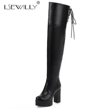 

Lsewilly Large Size 33-48 Women Boots Punk Gothic Chunky Block High Heels Over The Knee Boots Zip Party Office Shoes Black White