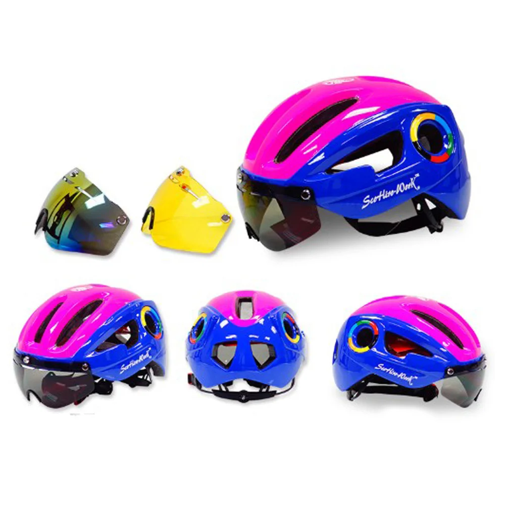 pink and blue T шлем для триатлона, велосипедный шлем с магнитными очками, 5 цветов, велосипедный шлем для женщин и мужчин, супер светильник, 235 г, велосипедные шлемы - Цвет: pink and blue