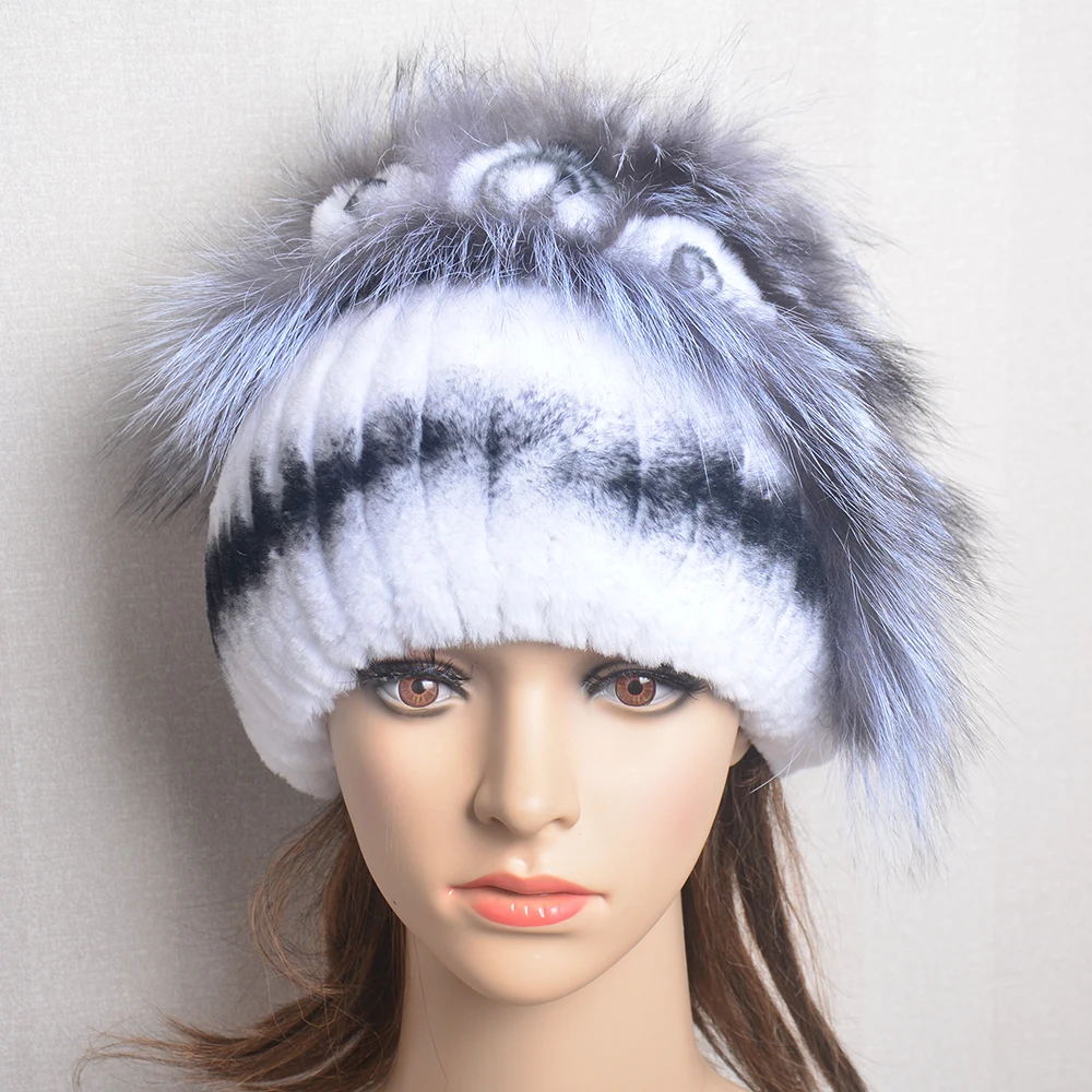 New Real Rex Rabbit Hair Luxury Woman Hat Fox Fur Beanies Caps Winter Women Hats Fashion Lady Warm Rex Rabbit Fur Knitted Hat 3