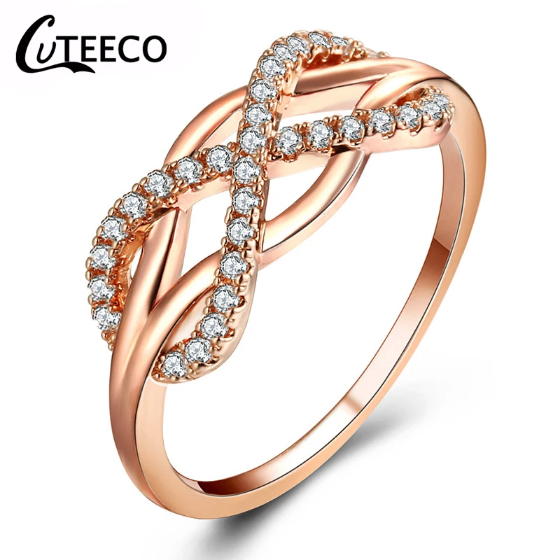 CUTEECO, Европейская мода, розовое золото, кристалл, свадебные кольца для женщин, обручальное кольцо, ювелирное изделие, подарок на день Святого Валентина, Прямая поставка