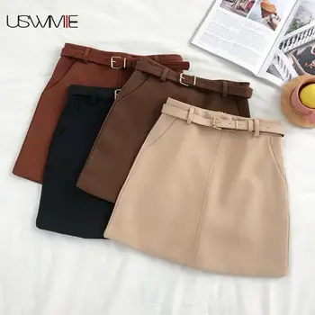 

Women Skirt Mini A-line Pencil Shirt Elegant Fashion Solid Color Pockets Comfort Spring Winter Femme Casual High Waist Skirt